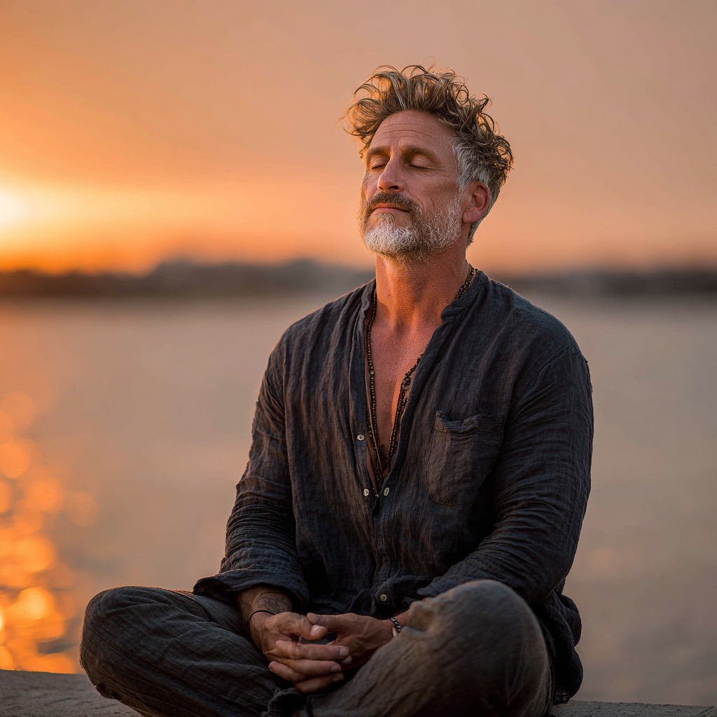 A man in his early 50s sitting in a peaceful meditation pose outdoors during sunrise, wearing comfortable loose clothing, with a calm and focused expression on his face