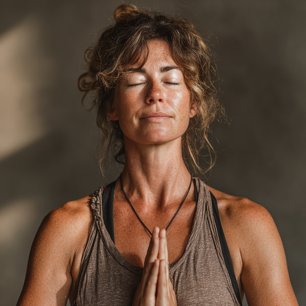 A woman in her late 40s practicing yoga in a serene studio setting, wearing comfortable athletic wear, demonstrating a peaceful meditation pose with eyes closed and hands in prayer position